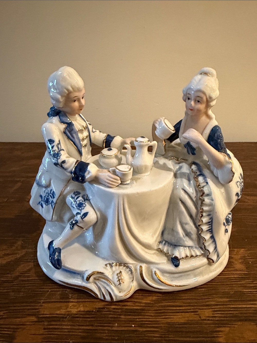 Victorian Lady and Gentleman Ceramic Figurines Tea Time in Blue, White, Gold